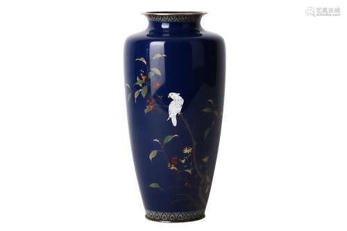 A CLOISONNE VASE BY HAYASHI. Meiji period. Elegantly worked in gold and silver wire against a blue