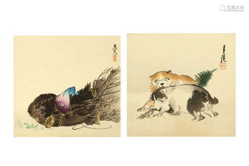 GEKKO AND ZESHIN. 19th Century. Two woodblock prints of a shikishi format, two puppies by Gekko,