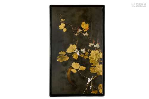 A LACQUER AND METAL INLAID PANEL. Meiji period. Decorated in flush-inlaid metals and mother-of-
