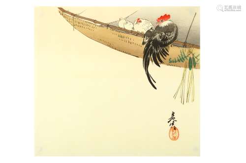 SHIBATA ZESHIN (1807 - 1891). A woodblock print, shikishi format, a cockerel and chicks on a straw