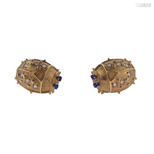 Diamond Sapphire 14k Gold Bug Cufflinks