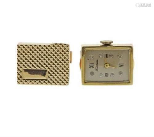 Mid Century 14k Gold Diamond Box Watch Cufflinks