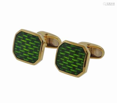 18k Gold Green Enamel Cufflinks