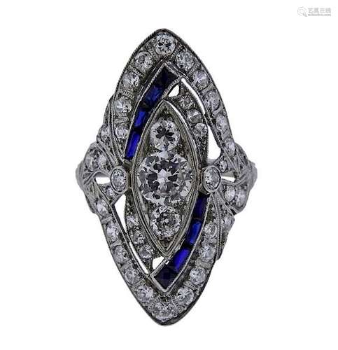 Art Deco Platinum Diamond Sapphire Ring