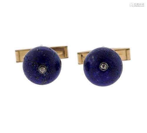 14K Gold Lapis Lazuli Ball Diamond Cufflinks
