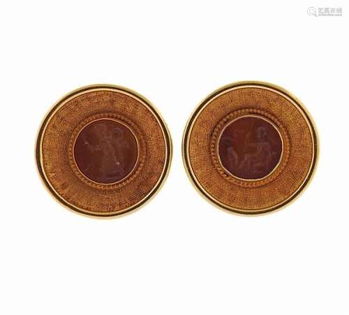 14K Gold Ancient Roman Hardstone Intaglio Archaeological Cufflinks