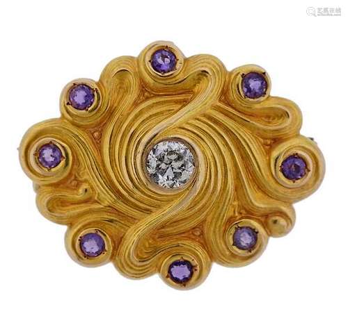 14k Gold Diamond Amethyst Brooch Pendant