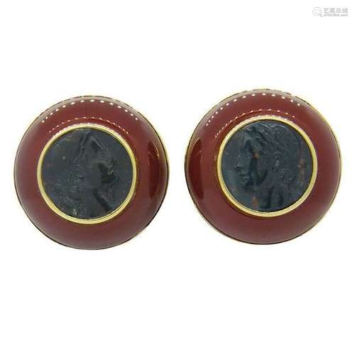 Trianon 14K Gold Carnelian Bloodstone Intaglio Earrings