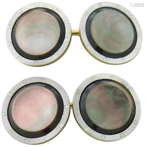 Art Deco Larter & Sons Enamel Mother of Pearl 14K Gold Cufflinks