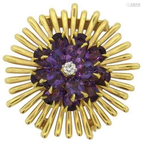 Retro Amethyst Diamond 14k Gold Brooch Pendant