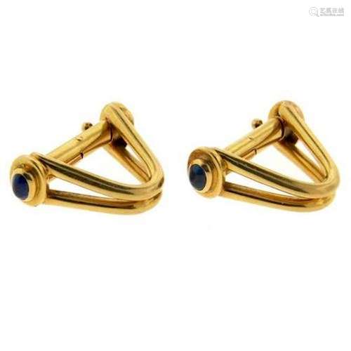 French Mid Century 18K Gold Sapphire Stirrup Cufflinks