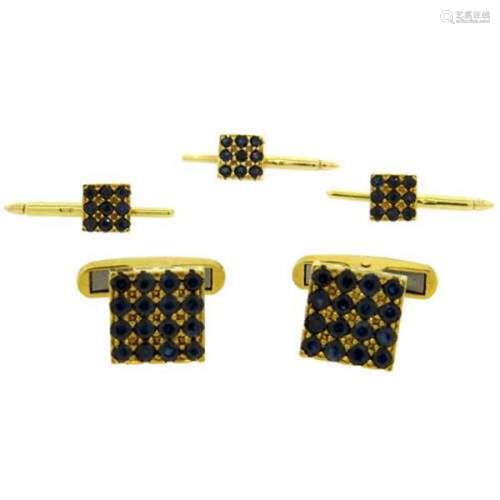 1960s Sapphire 18k Gold Cufflinks Stud Dress Set