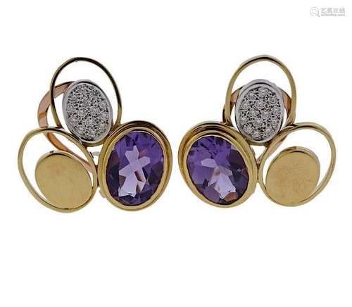 Modernist 18k Gold Diamond Amethyst Earrings