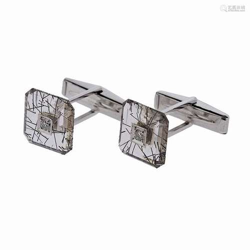 14k Gold Rutilated Quartz Diamond Cufflinks