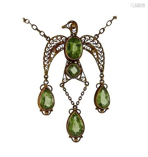 Antique Filigree 14k Gold Peridot Bird Pendant Necklace