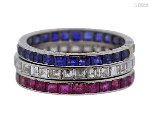 Platinum Diamond Ruby Sapphire Band Ring Set of 3