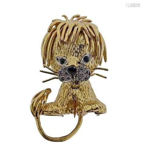 1960s Van Cleef & Arpels 18k Gold Diamond Emerald Lion Brooch