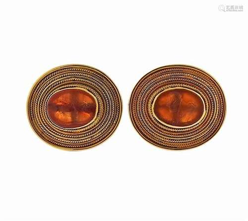 14k Gold Ancient Roman Hardstone Intaglio Archaeological Cufflinks