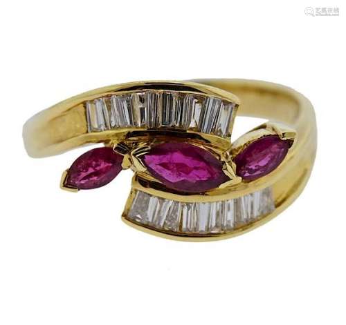 18K Gold Diamond Ruby Bypass Ring