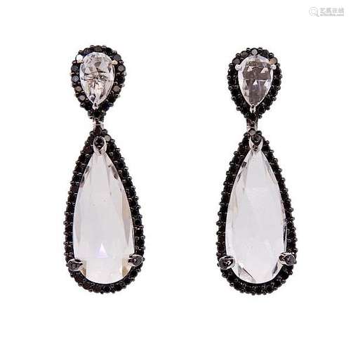 18K Gold Black Diamond Quartz Drop Earrings