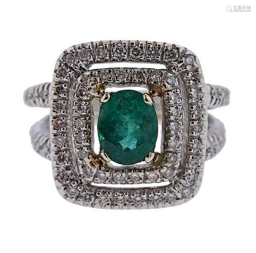 18K Gold Diamond Emerald Double Halo Ring