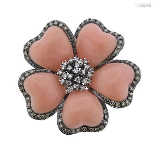 18K Gold Diamond Pink Stone Flower Brooch Pendant
