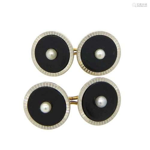 Art Deco Onyx Pearl 14k Gold Platinum Cufflinks