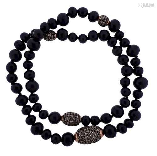 Silver Gold Rose Cut Diamond Ebony Bead Necklace