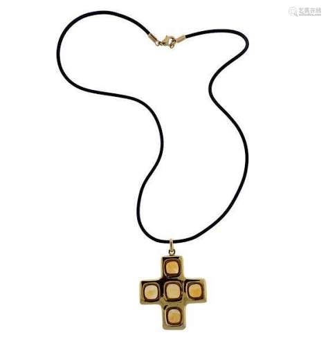 18K Gold Yellow Stone Cross Pendant Rubber Cord Necklace