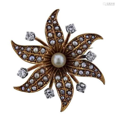 14k Gold Diamond Pearl Brooch Pin