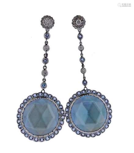 Laura Munder 18K Gold Diamond Blue Topaz Large Earrings