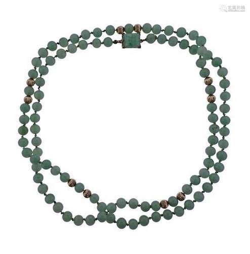 14K Gold Jade Bead Long Necklace