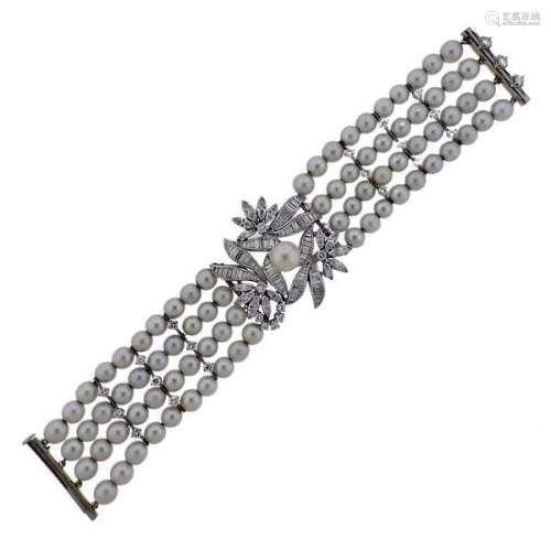 Mid Century Platinum Diamond Pearl Bracelet