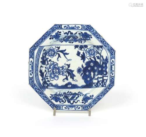A Bow blue and white octagonal plate c.1750, paint...;