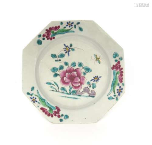 An early Bow octagonal plate c.1755, boldly painte...;