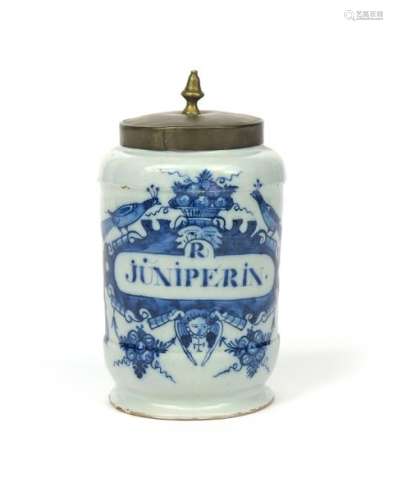 A Delft dry drug jar mid 18th century, painted in ...;