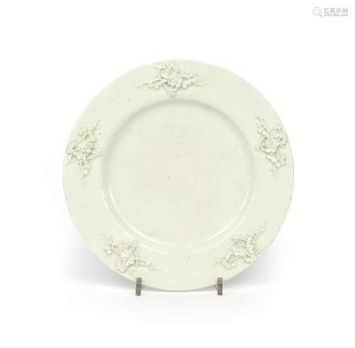 A Bow white glazed plate c.1752 55, the rim crispl...;