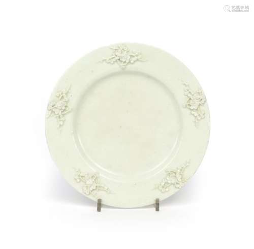 A Bow white glazed plate c.1752 55, the rim crispl...;