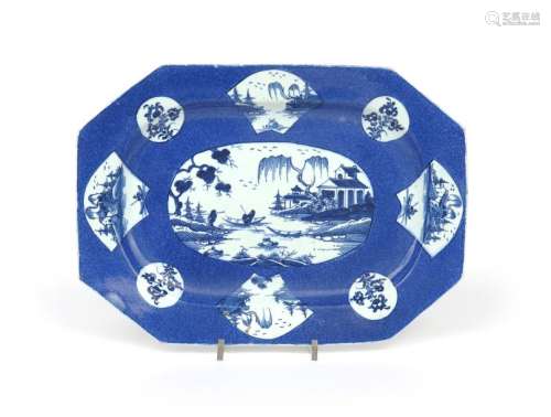 A Bow blue and white elongated octagonal dish c.17...;