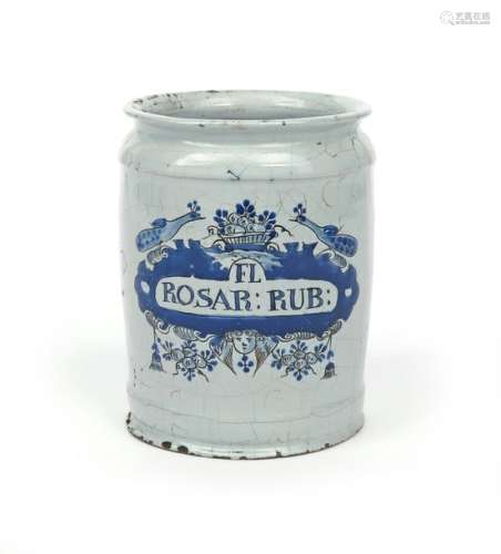 A large Delft dry drug jar or albarello 18th centu...;