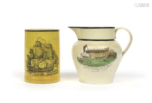 A creamware jug and a large mug c.1815 25, the jug...;