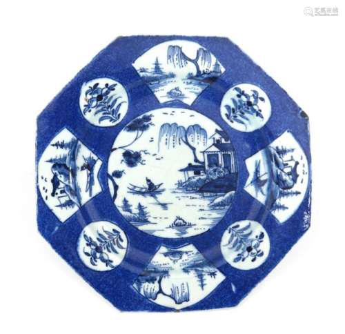 A small Bow blue and white octagonal plate c.1760,...;