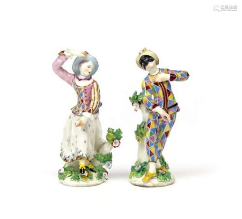 A pair of Bow figures of Harlequin and Columbine c...;