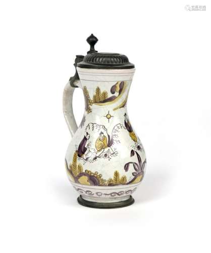 A German faïence pewter mounted jug c.1761, the ba...;