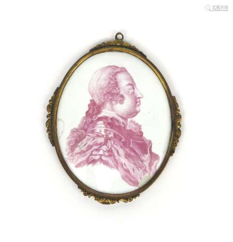 A Battersea enamel portrait plaque c.1753 56, the ...;