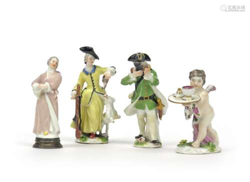 Four miniature Meissen figures 18th century, two o...;