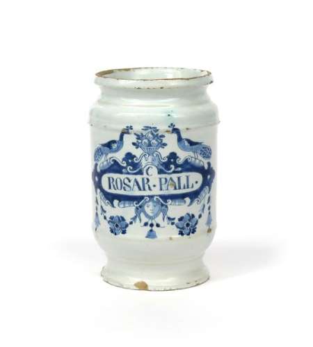 A Delft dry drug jar mid 18th century, the cylindr...;