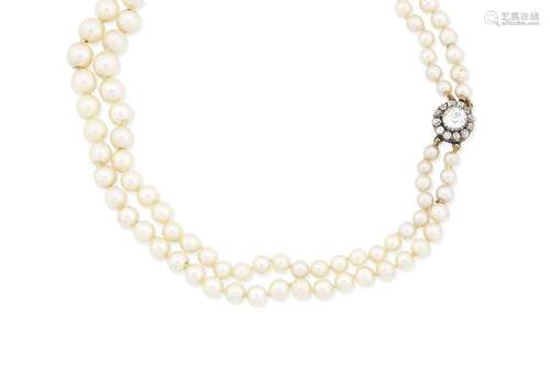 A two-strand cultured pearl necklace with a diamond clasp