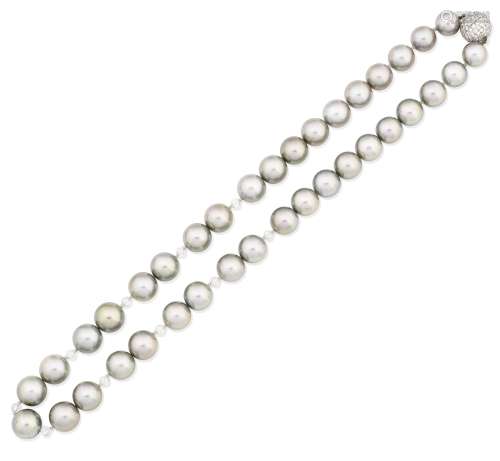 A single-strand cultured pearl and diamond necklace