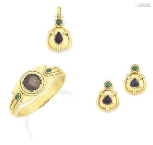 (3) A gem-set coin bangle, and a gem-set earring and pendant suite